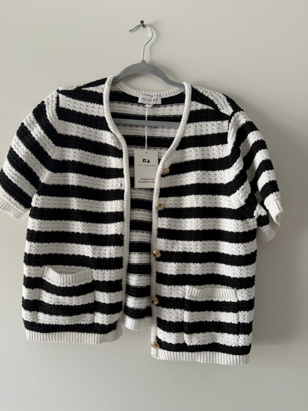 Black & White Striped Short-Sleeve Cardigan Sweater